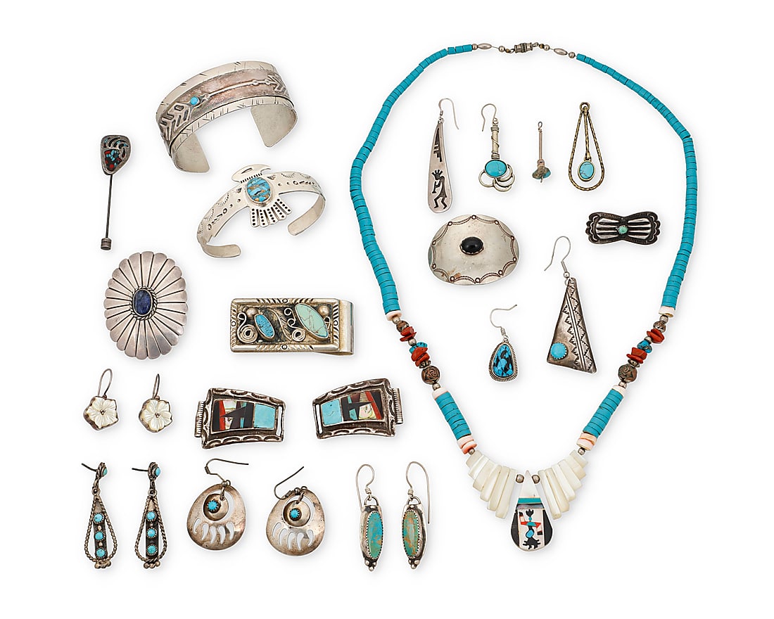 A group of Southwest-style jewelry and accessories: A group of Southwest-style jewelry and accessories Mid/late 20th century Nineteen works comprising a Pueblo-style necklace with graduated disc beads and various stone beads including turquoise and she
