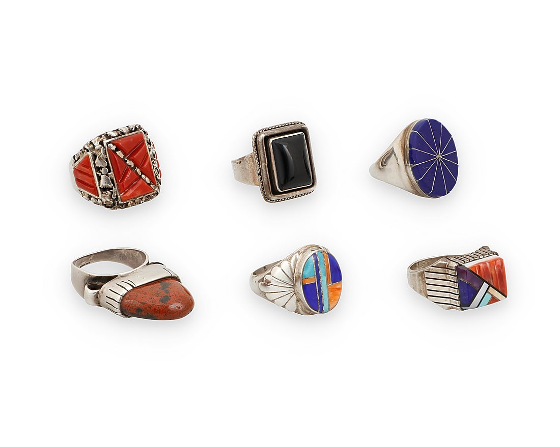 Five large Southwest sterling silver and set stone rings (1 of 2)