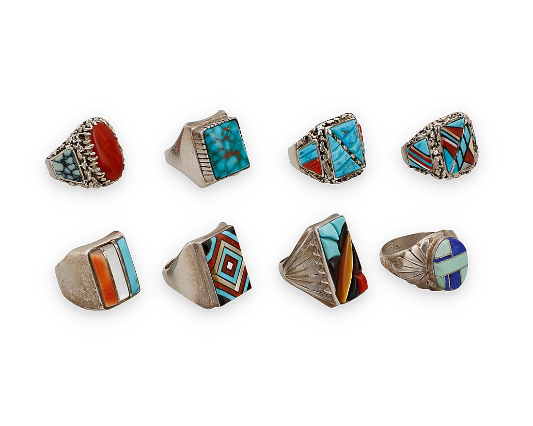 Eight large Southwest silver and stone set rings (1 of 2)
