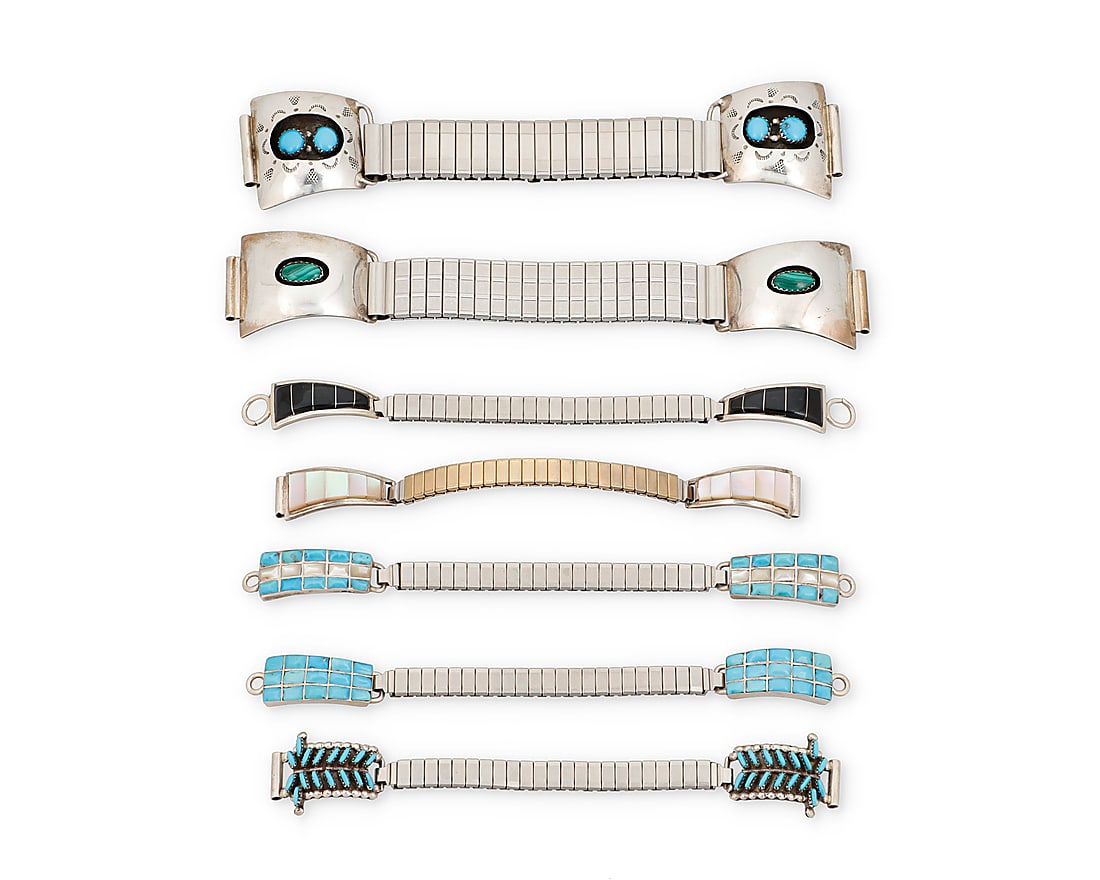 Seven Southwest silver and set stone watch bands (1 of 2)