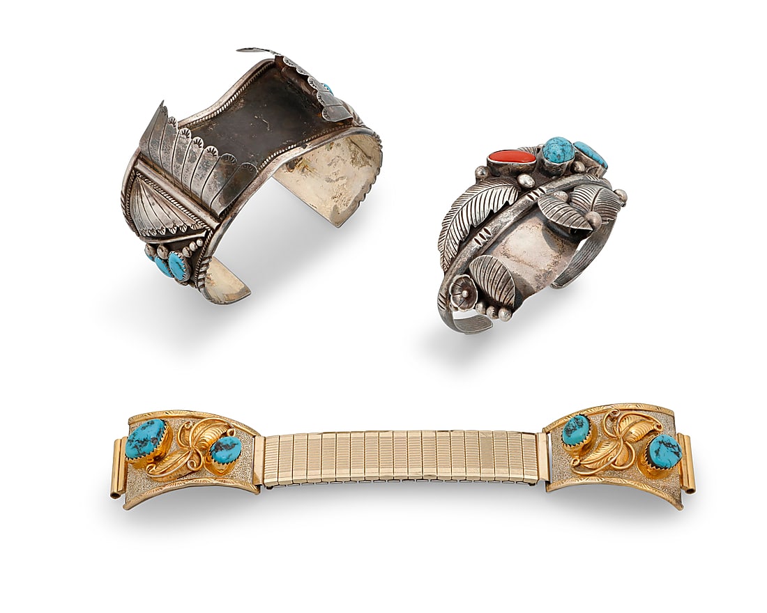 Three Southwest sterling silver watch cuffs and band (1 of 2)