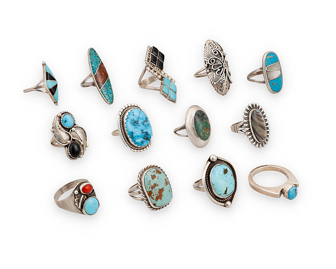 Thirteen Southwest sterling silver and set stone rings (1 of 2)