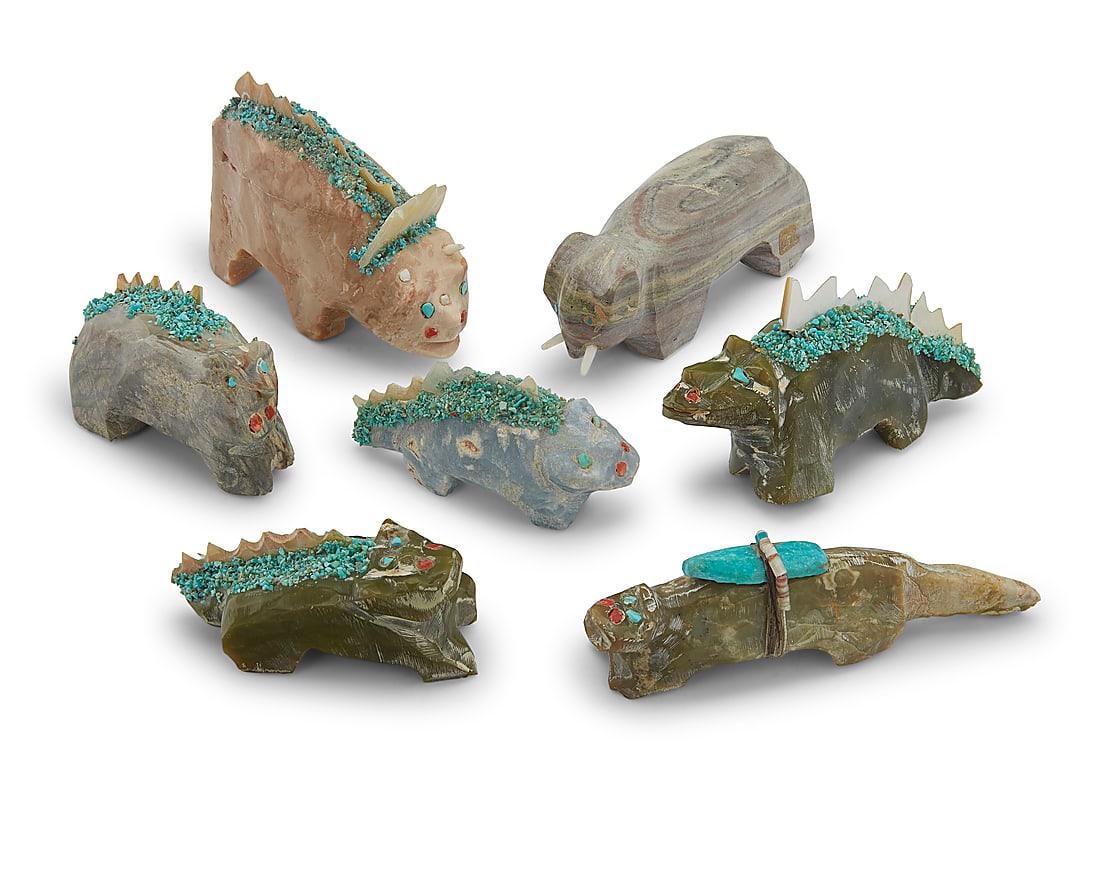 Leonard 'Old Man' Halate (1914- 2001, Zuni), Seven carved stone animal and dinosaur fetishes,: Leonard 'Old Man' Halate (1914- 2001, Zuni) Seven carved stone animal and dinosaur fetishes, mid/late 20th century Comprising five carved hardstone dinosaur and lizard-style figures, each with inlaid