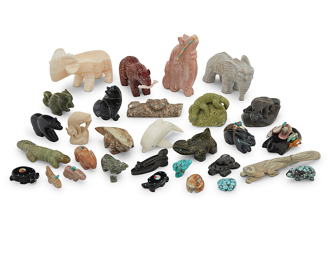 A large group of Zuni carved animal fetish figures: A large group of Zuni carved animal fetish figures Second half 20th century, mostly Zuni Pueblo From artists including Michael Sanchez, Tom Nays, Sara Leekya, Wilfred Cheama, Lance Cheama, Julius