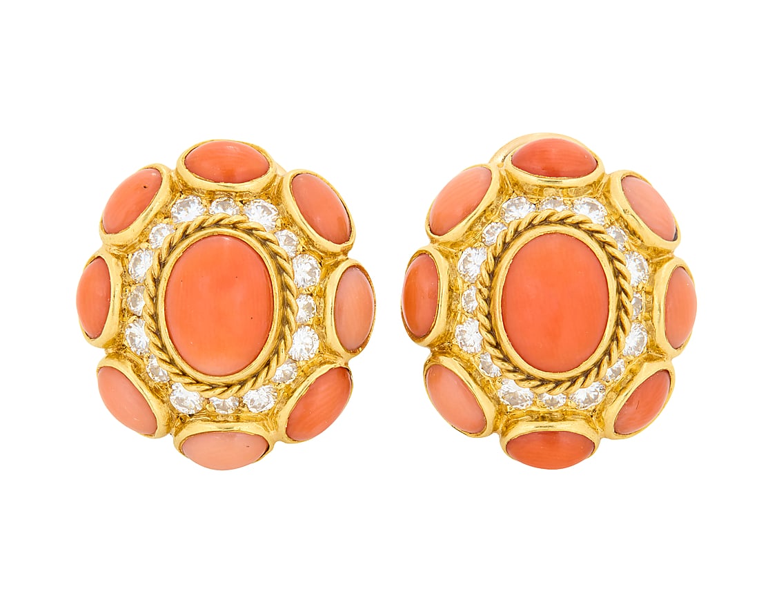 Bulgari: A Pair of 18K Gold, Coral and Diamond Earrings Featuring eighteen oval coral cabochons (1 of 4)