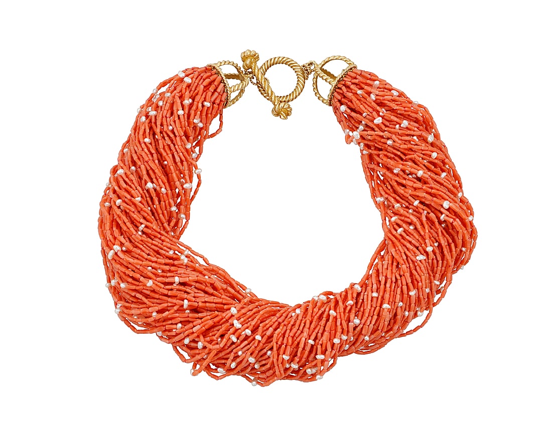 Mish NY: An 18K Gold and Coral Torsade Featuring eighty-eight strands of cylindrical coral and: Mish NY: An 18K Gold and Coral Torsade Featuring eighty-eight strands of cylindrical coral and freshwater pearl beads, finished with a twisted gold toggle clasp, signed Mish NY Length: 18 in. 222.1 gr