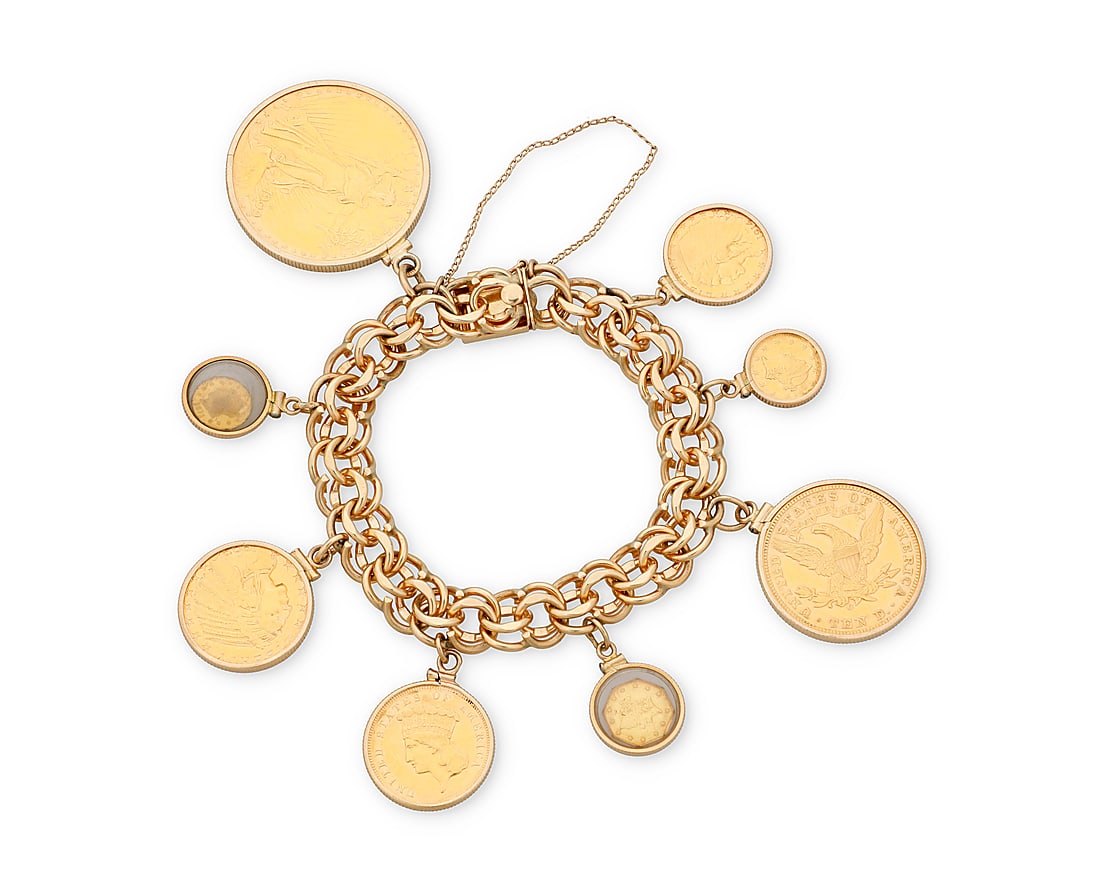 A Gold Coin Bracelet Featuring a 14k gold bracelet of a fancy link design suspending eight 22k: A Gold Coin Bracelet Featuring a 14k gold bracelet of a fancy link design suspending eight 22k gold coins, inscribed M.J.S. Length: 7 in. 113.0 grams gross