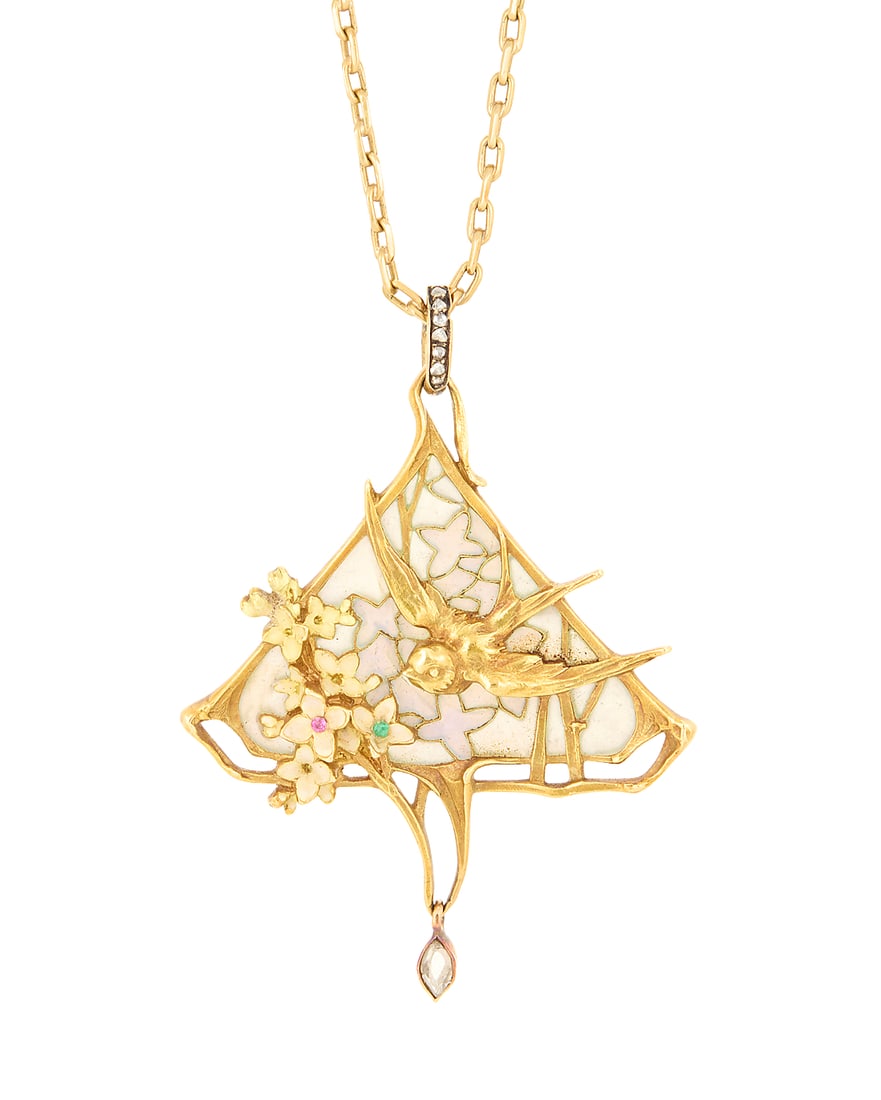 Leopold Gautrait : An Art Nouveau 18K Gold, Plique-à-Jour Enamel and Diamond Pendant Necklace (1 of 4)