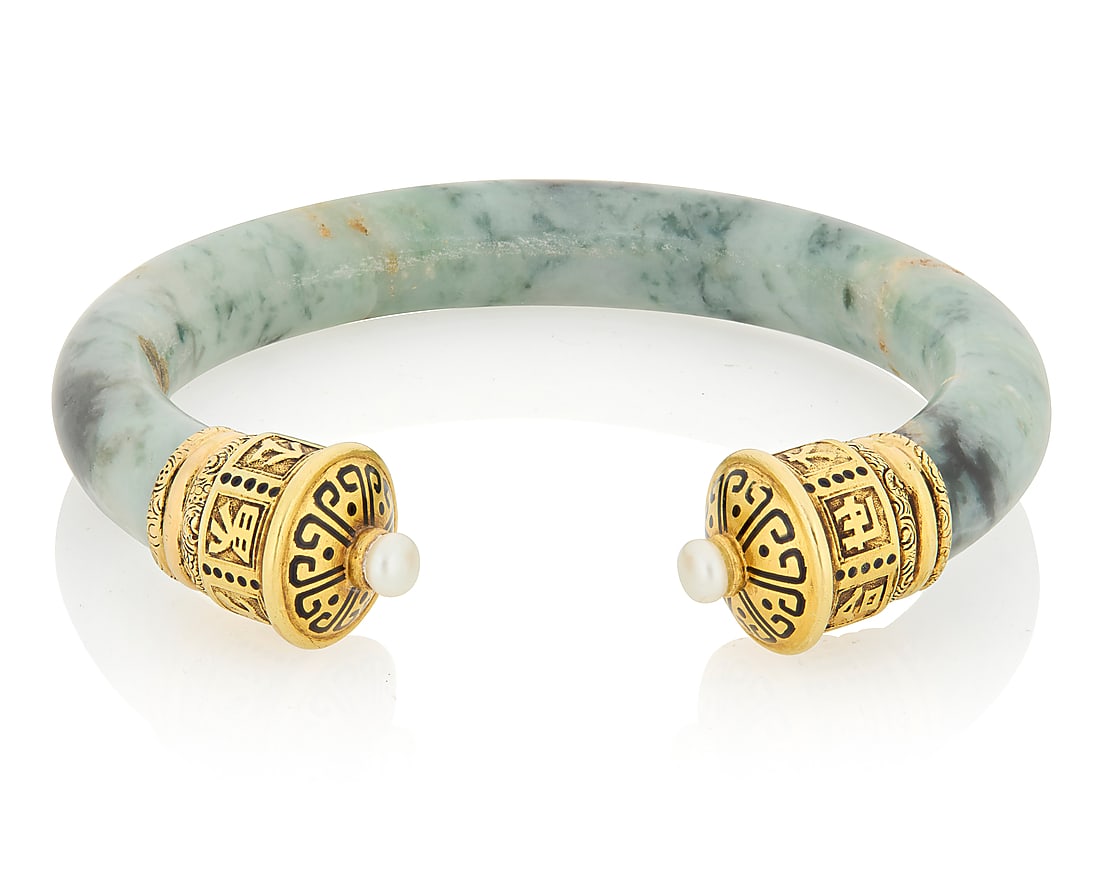 Cartier: An 18K Gold and Jade Cuff Featuring pagoda inspired terminals, accented by two cultured (1 of 3)