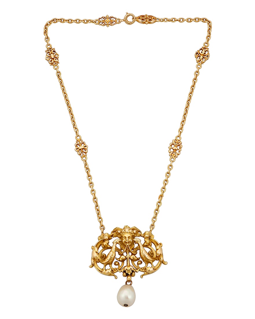 Wiese: An 18K Gold and Cultured Pearl Necklace Featuring an ornate scrolling design featuring a (1 of 3)