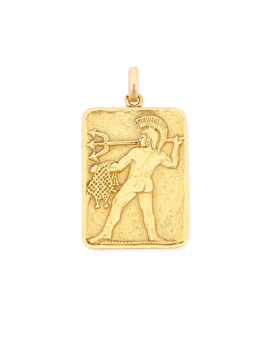 Fred Paris: An 18K Gold Pendant Featuring a figural motif in a roman style helmet, with trident: Fred Paris: An 18K Gold Pendant Featuring a figural motif in a roman style helmet, with trident and net, signed Fred, with French assay marks Measures: 1 3/4 x 1 1/4 in. 21.7 grams gross