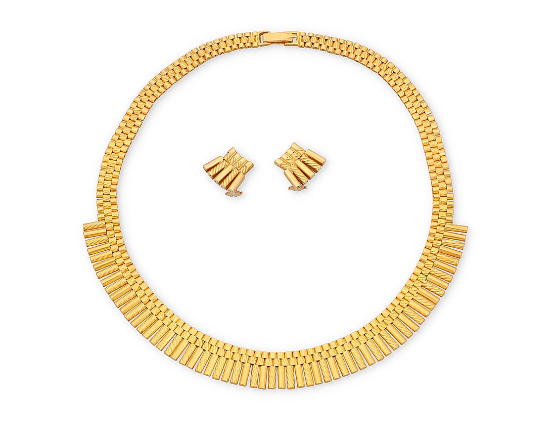 A Gold Necklace and Earring Set Of a fringe design featuring textured and high polish alternating (1 of 4)