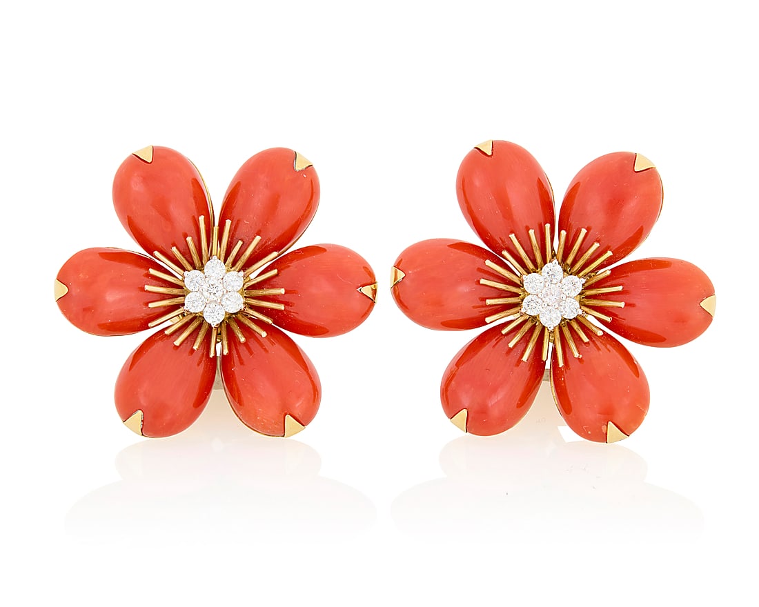 A Pair of 18K Gold, Coral and Diamond Earrings Of a floral design featuring pear-shaped coral (1 of 3)