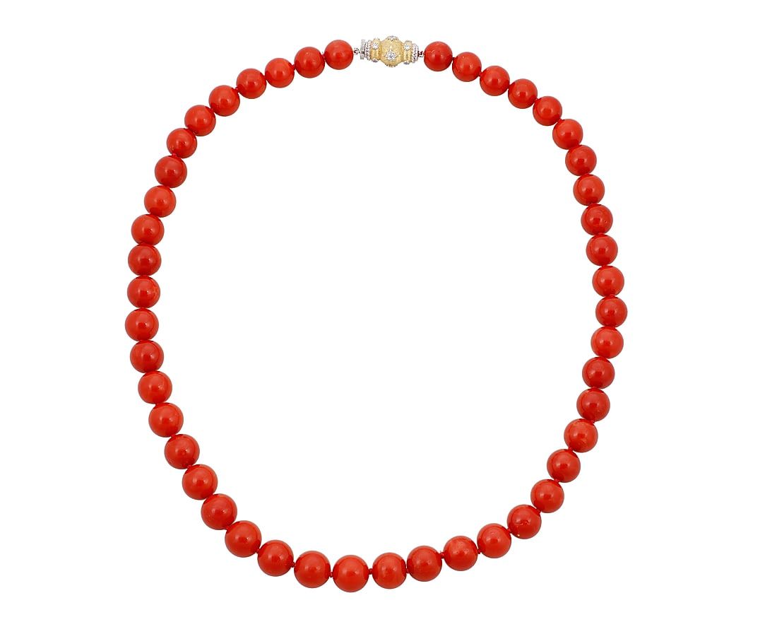 Buccellati: An 18K Bi-Color Gold and Coral Necklace Of a single strand design featuring slightly (1 of 3)