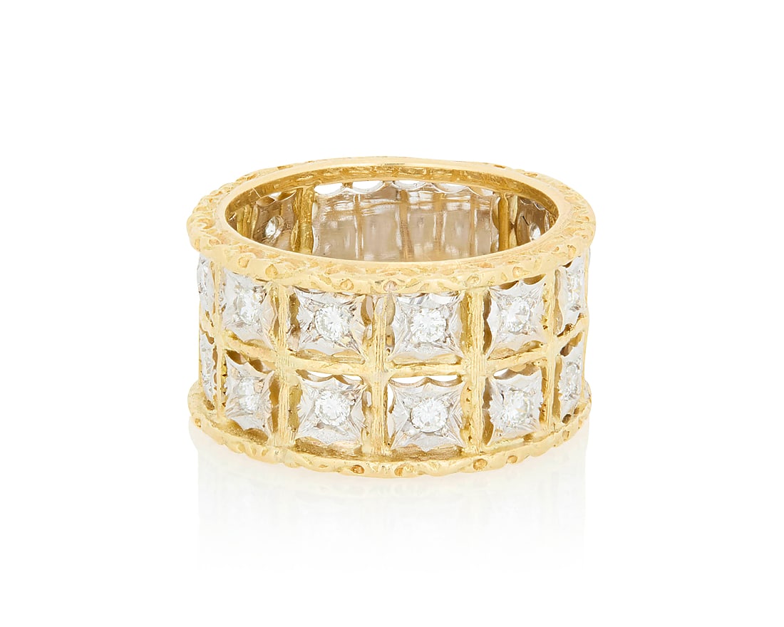 Buccellati: An 18K Bi-Color Gold and Diamond Ring Of a celestial design featuring two rows of (1 of 3)