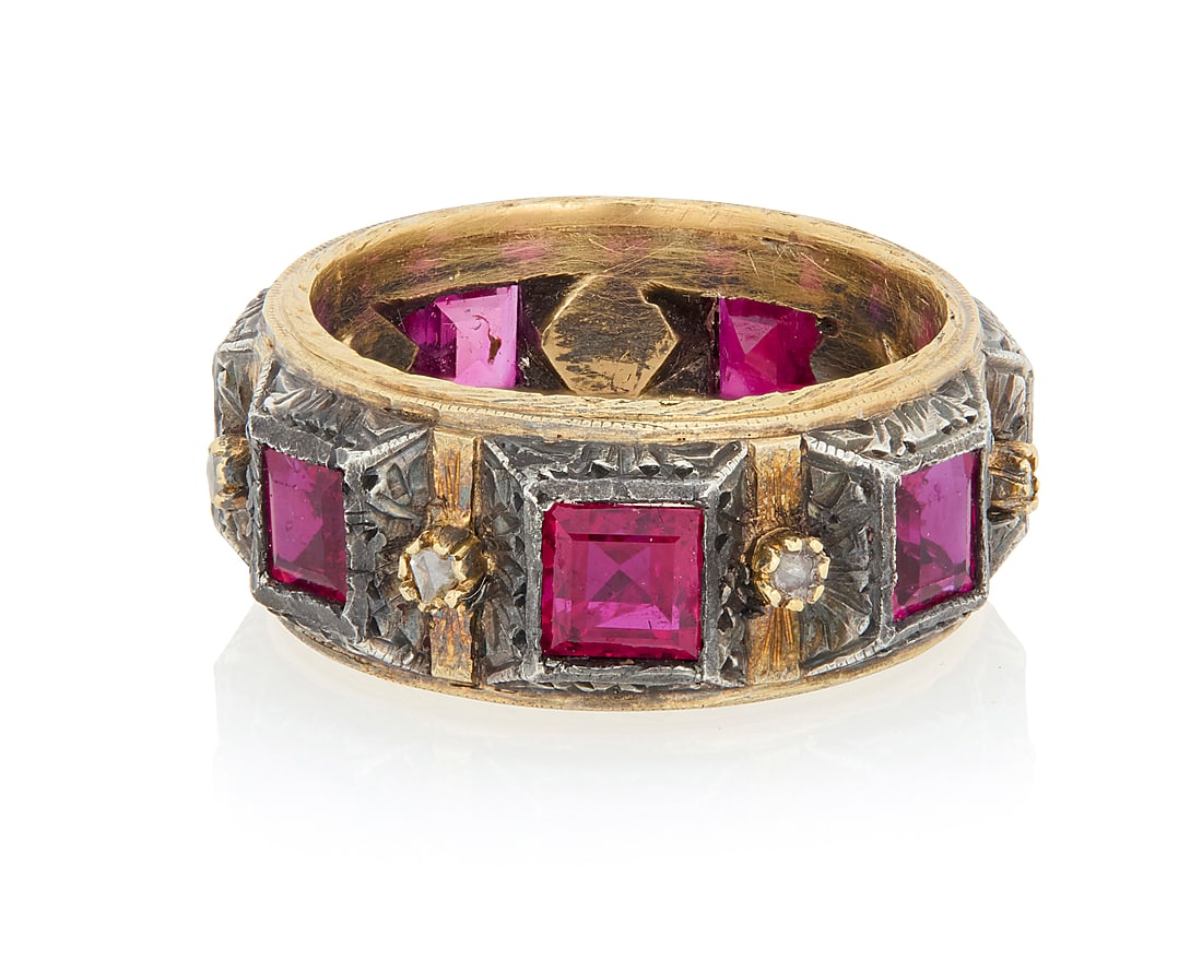 Buccellati: A 14K Gold, Silver and Ruby Ring Featuring seven square step-cut rubies accented by (1 of 3)