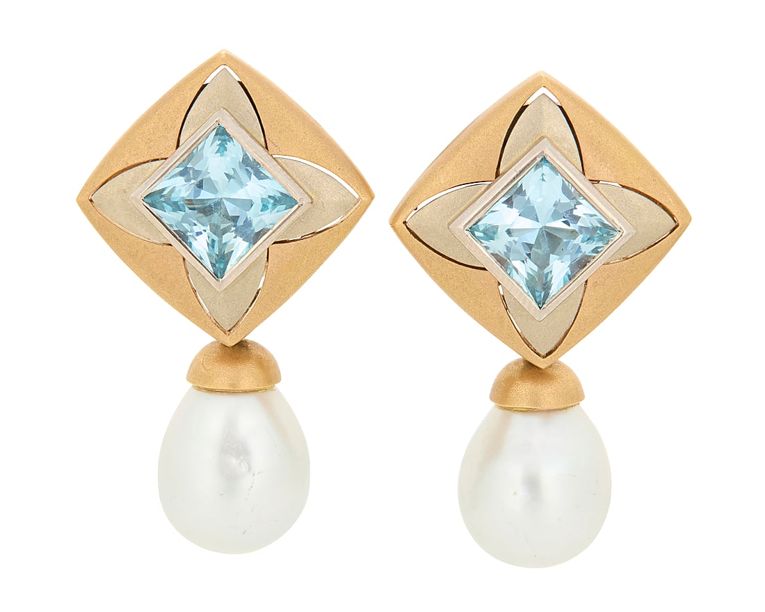 A Pair of 18K Bi-Color Gold, Aquamarine and Cultured Pearl Earrings Featuring geometric bi-color (1 of 3)