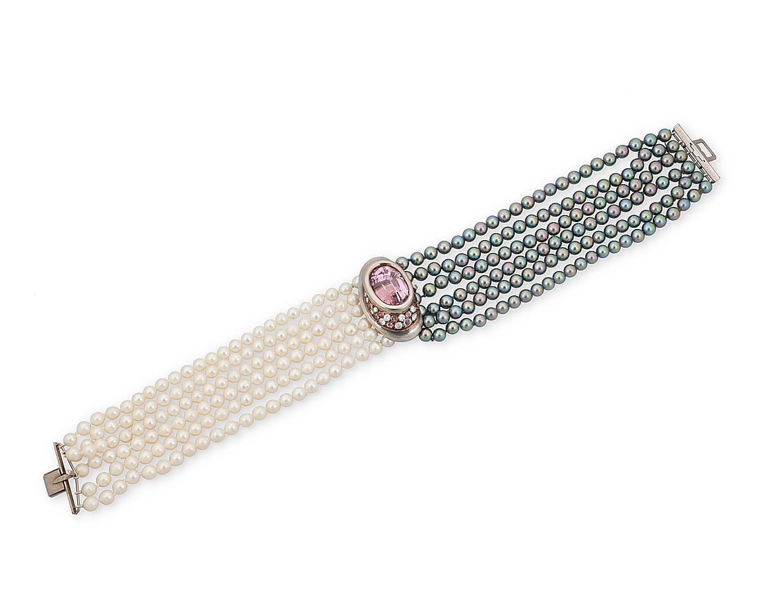 Rene Bovin: An 18K White Gold, Cultured Pearl and Kunzite Necklace Featuring a clasp centering a: Rene Bovin: An 18K White Gold, Cultured Pearl and Kunzite Necklace Featuring a clasp centering a cushion mixed-cut kunzite weighing approximately 31.28 carats accented by round kunzites and round diam