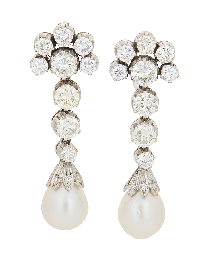 A Pair of 18K White Gold, Diamond and Cultured Pearl Earrings Suspending two drop cultured pearls: A Pair of 18K White Gold, Diamond and Cultured Pearl Earrings Suspending two drop cultured pearls from cascading round diamond weighing approximately 5.50 carats total 2 pieces Measures: 1 1/2 in. 15.