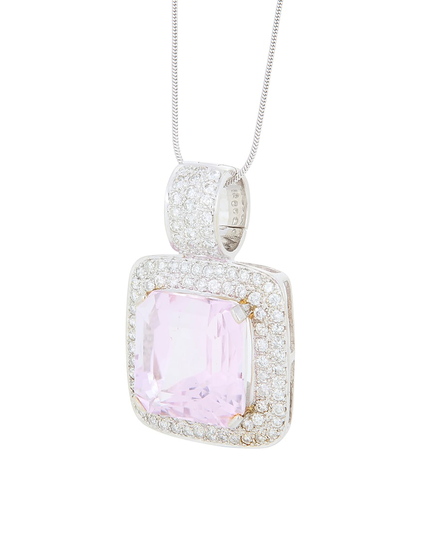 A White Gold, Platinum, Kunzite and Diamond Necklace Centering an emerald mixed-cut kunzite (1 of 4)