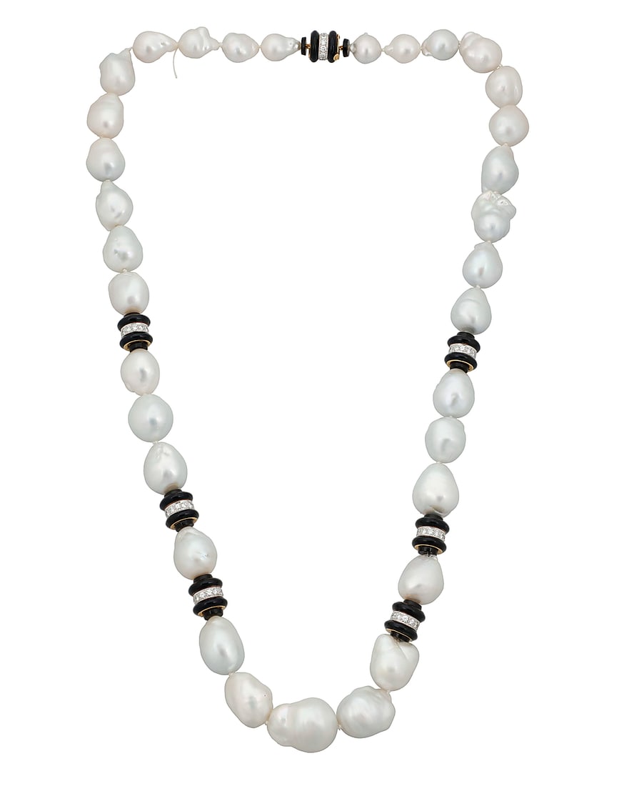 David Webb: An 18K Bi-Color Gold Baroque Pearl and Onyx Necklace Featuring baroque cultured: David Webb: An 18K Bi-Color Gold Baroque Pearl and Onyx Necklace Featuring baroque cultured pearls measuring approximately 13.2 - 20.7 mm, accidented by onyx rondelles accented by round diamonds weigh