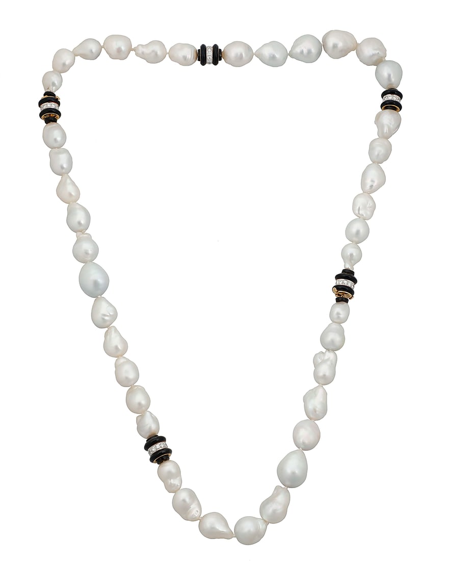 David Webb: An 18K Bi-Color Gold, Baroque Pearl and Onyx Necklace Featuring baroque cultured: David Webb: An 18K Bi-Color Gold, Baroque Pearl and Onyx Necklace Featuring baroque cultured pearls measuring approximately 13.2 - 20.7 mm, accidented by onyx rondelles accented by round diamonds weig