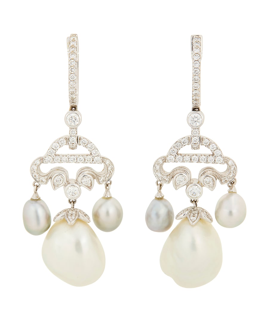 A Pair of 18K White Gold, Cultured Pearl and Diamond Earrings Featuring an ornate frame design set: A Pair of 18K White Gold, Cultured Pearl and Diamond Earrings Featuring an ornate frame design set with round diamonds weighing approximately 1.15 carats, suspending four baroque grey cultured pearls 