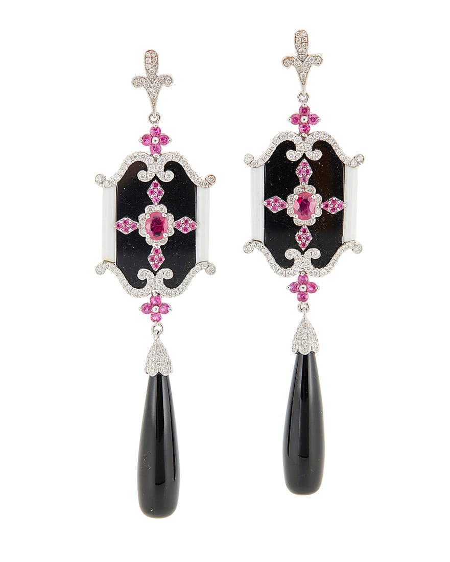 A Pair of 18K White Gold, Ruby and Onyx Earrings Of an ornate design featuring tablets and drops (1 of 3)