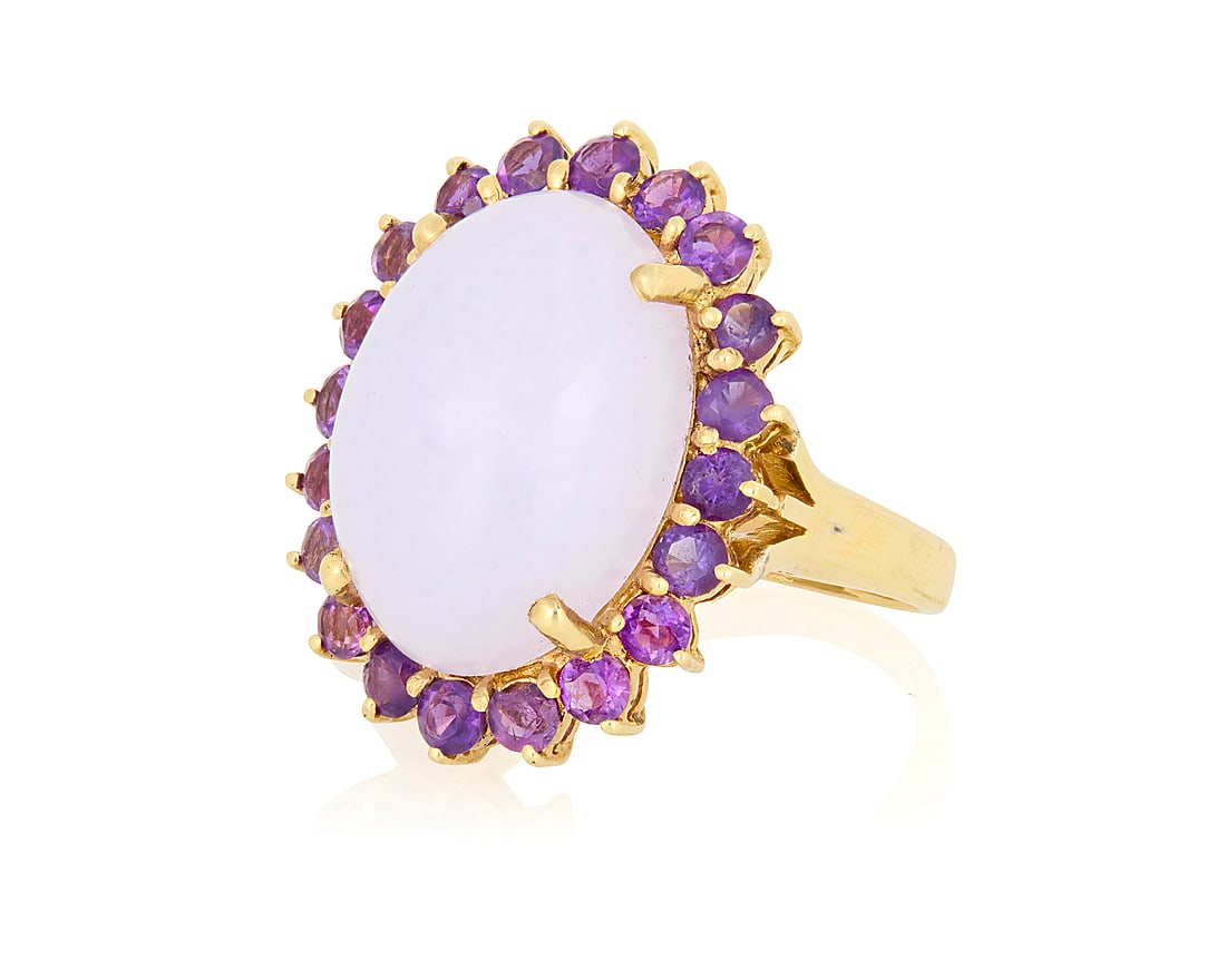 A 14K Gold, Lavender Jade and Amethyst Ring Centering an oval lavender jade cabochon weighing (1 of 4)