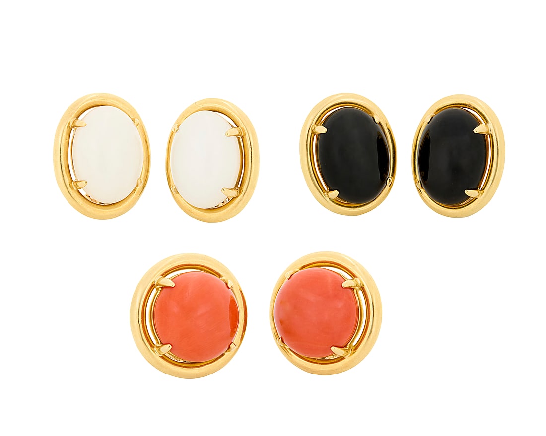 Gumps: Three Pairs of 18K Gold and Hardstone Earrings Centering oval and round cabochons of coral, (1 of 8)