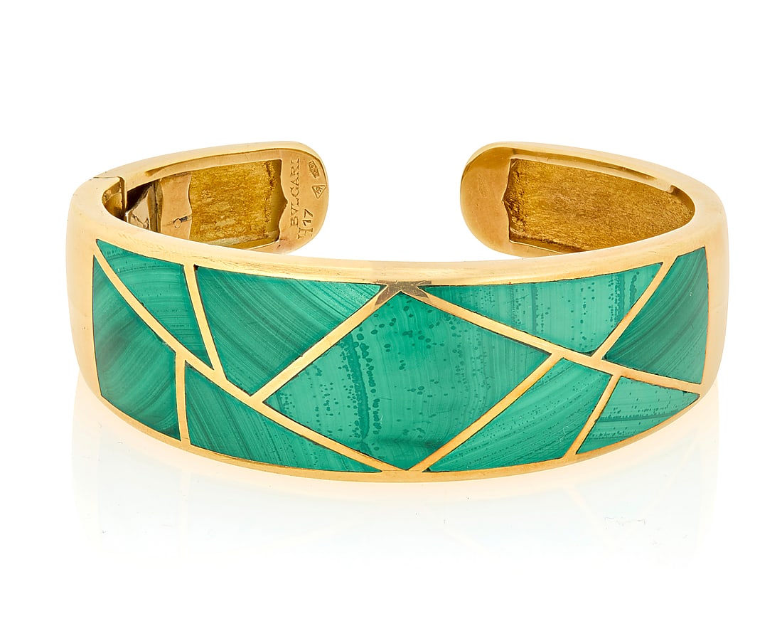 Bulgari: An 18K Gold and Malachite Cuff Featuring trapezoidal malachite inlay, signed Bulgari, (1 of 4)