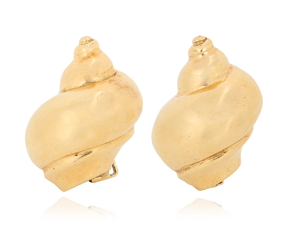 Seaman Schepps: A Pair of 14K Gold Earrings Of a high polish shell design, signed Seaman Schepps (1 of 3)