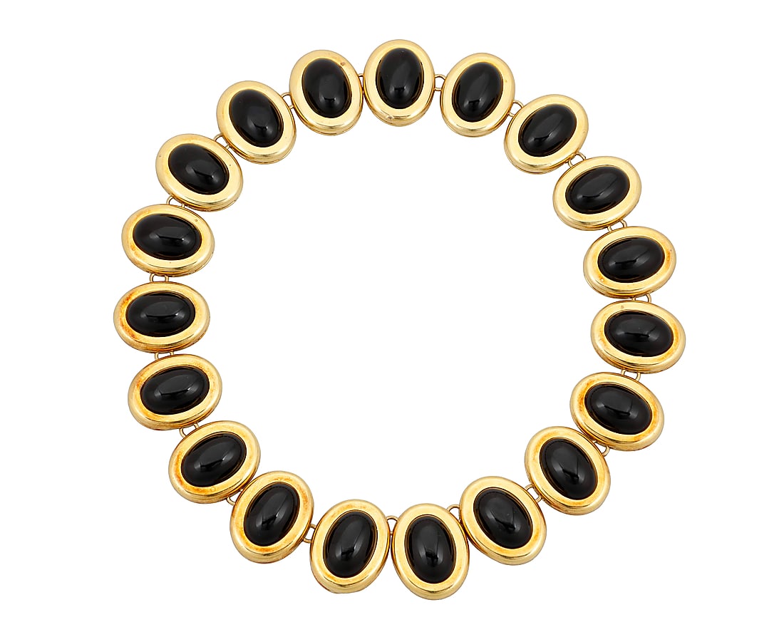 An 18K Gold and Onyx Necklace Featuring nineteen oval links centering oval onyx cabochons Length: (1 of 3)