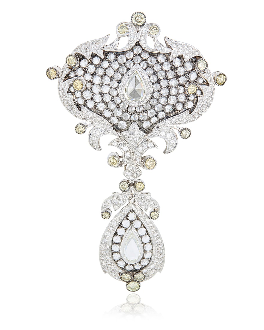 An 18K White Gold, Colored Diamond and Diamond Pendant/Brooch Of an ornate scrolling design (1 of 4)