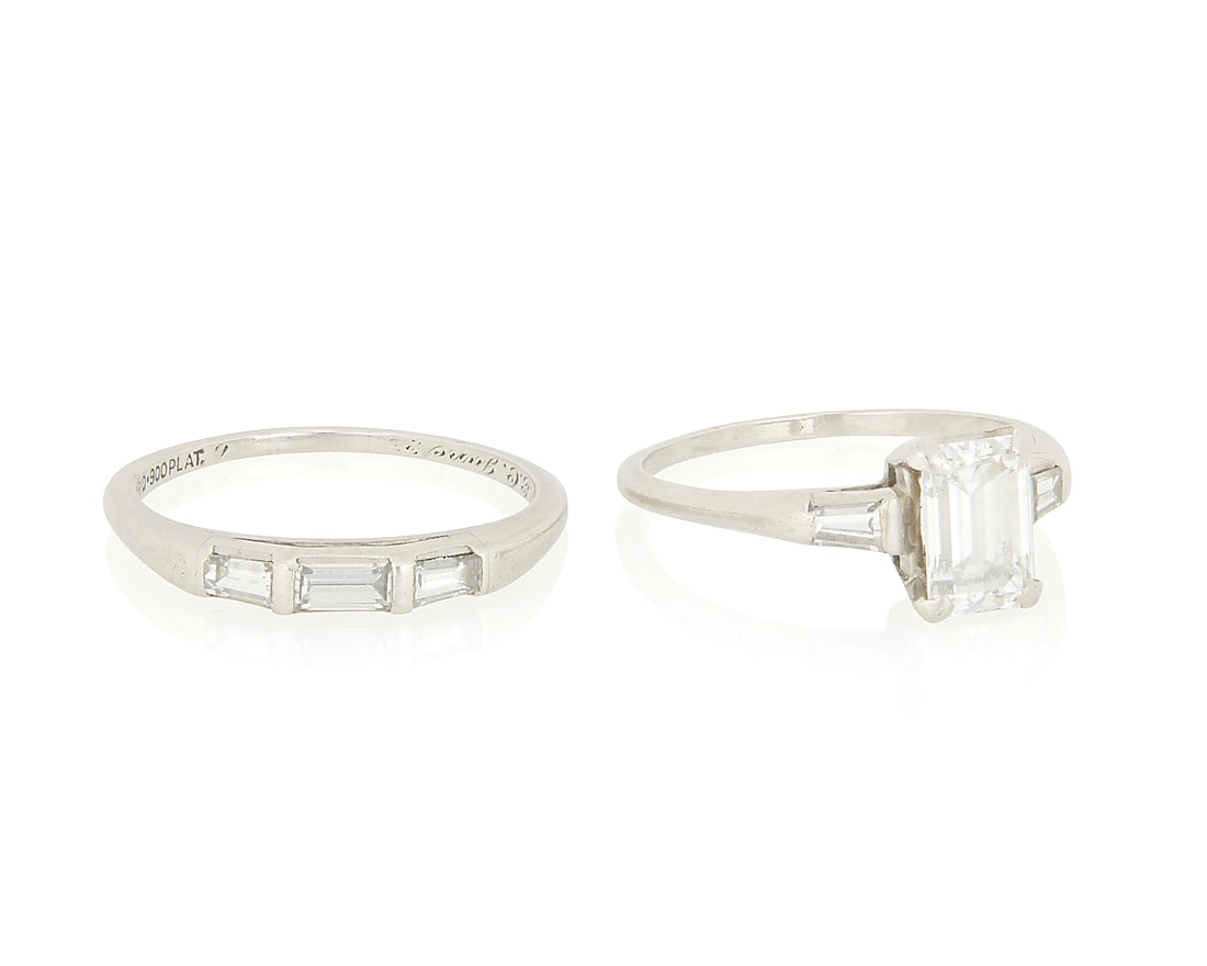 A Platinum and Diamond Ring Set Including an engagement ring, centering an emerald-cut diamond (1 of 2)