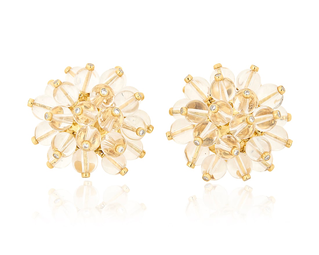 Aletto Brothers: A Pair of 18K Gold, Rock Crystal Quartz and Diamond Earrings Of a dangle cluster: Aletto Brothers: A Pair of 18K Gold, Rock Crystal Quartz and Diamond Earrings Of a dangle cluster design featuring round rock crystal quartz beads topped with round diamonds weighing 0.92 carat, signe