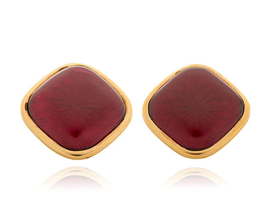 A Pair of 18K Rose Gold and Rhodolite Garnet Earrings Featuring rounded square rhodolite garnet (1 of 3)