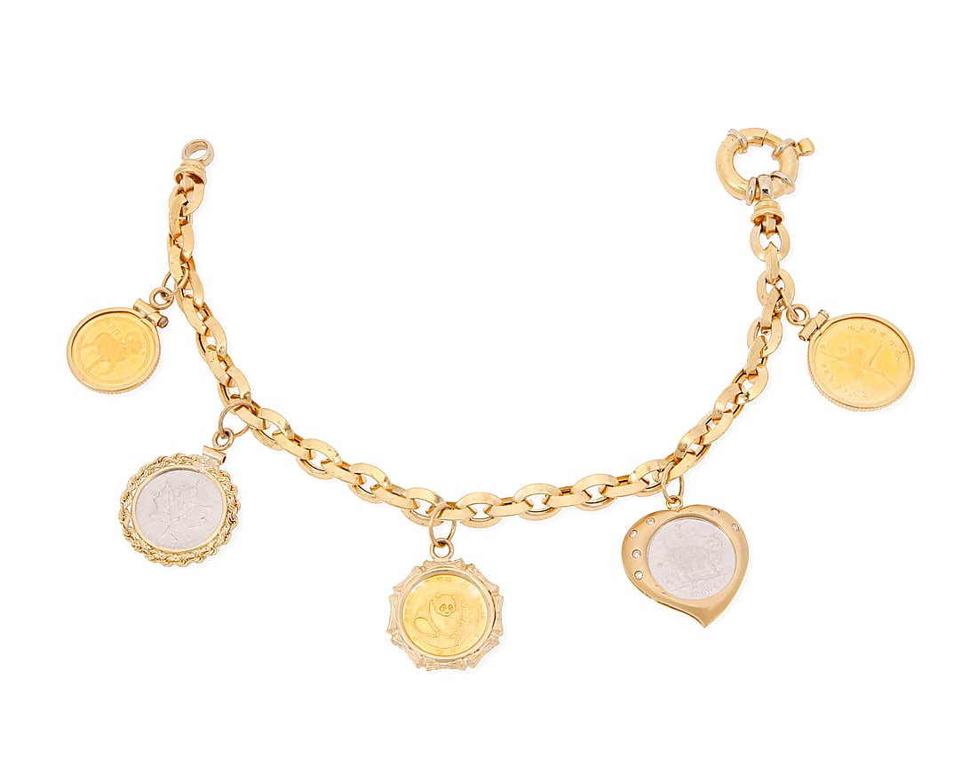 A Gold, Platinum and Diamond Coin Bracelet An 18k gold coin charm bracelet, suspending five-coin: A Gold, Platinum and Diamond Coin Bracelet An 18k gold coin charm bracelet, suspending five-coin charms, including 24k gold Aries, Chinese panda, and ballerina bank of Russia coins, together with plat