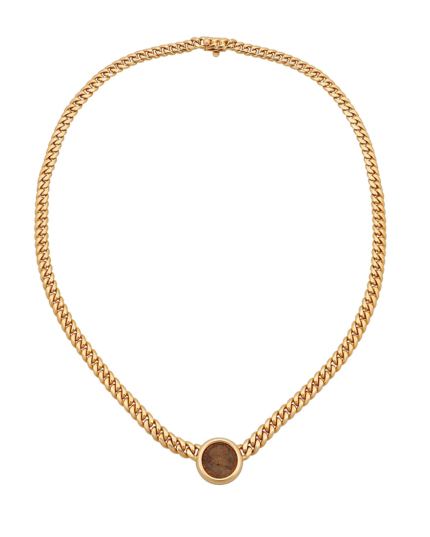 Bulgari: An 18K Gold and Ancient Roman Coin 'Monete' Necklace Featuring a curb link chain: Bulgari: An 18K Gold and Ancient Roman Coin 'Monete' Necklace Featuring a curb link chain centering a Cizico Constantinus I Aug A.D. 307-337 coin, signed Bulgari with Italian workshop marks Length: 20