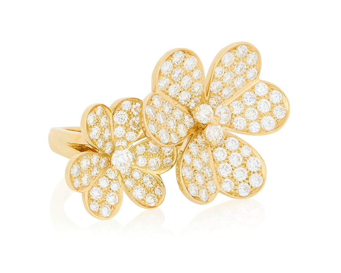 Van Cleef & Arpels: An 18K Gold and Diamond 'Frivole Between the Fingers' Ring Featuring two: Van Cleef & Arpels: An 18K Gold and Diamond 'Frivole Between the Fingers' Ring Featuring two flowers in a nested design set with round diamonds weighing approximately 2.04 carats, signed VCA, BL95726 