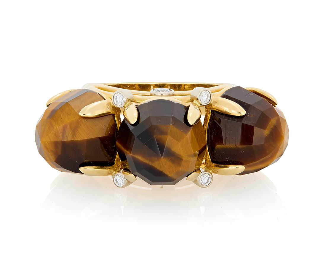 Aletto Brothers: An 18K Gold and Tiger's Eye Ring Featuring three faceted tigers eye cabochons, (1 of 4)