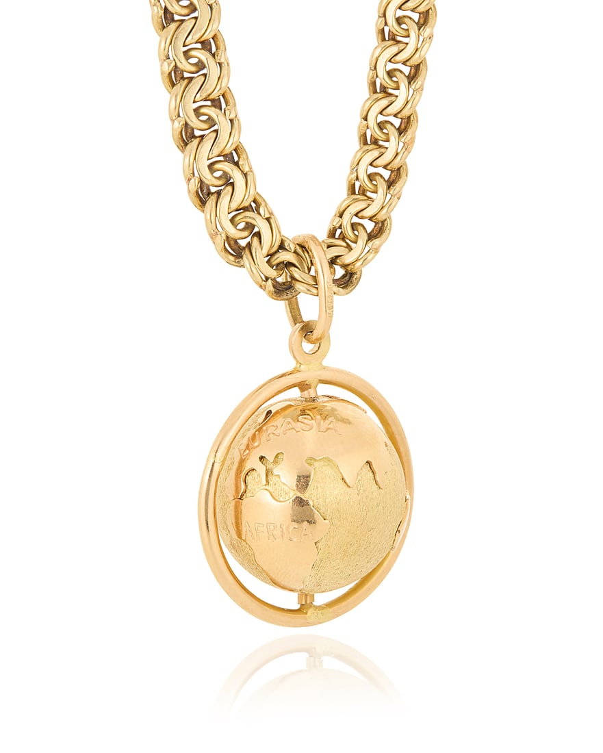 A Gold Charm Necklace Including a 14k gold graduated fancy link chain, suspending an 18k gold: A Gold Charm Necklace Including a 14k gold graduated fancy link chain, suspending an 18k gold articulated globe pendant Chain: 16 1/2 in., Pendant: 1 x 1 in. 30.0 grams gross