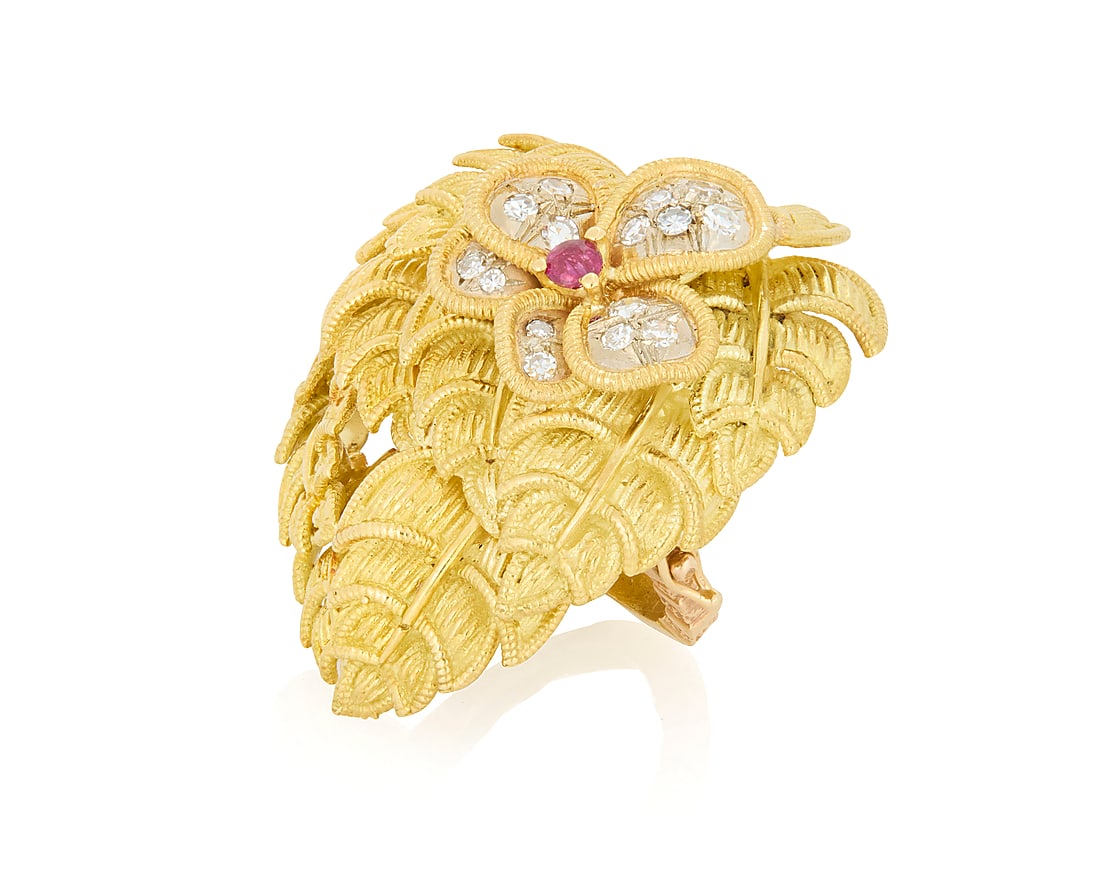 A Gold Enhancer Featuring a Tiffany and Co. Foliate Top Featuring a heart-shaped foliate motif: A Gold Enhancer Featuring a Tiffany and Co. Foliate Top Featuring a heart-shaped foliate motif design accented by single-cut diamonds and a round ruby, signed Tiffany & Co, Italy, finished with a 14k 