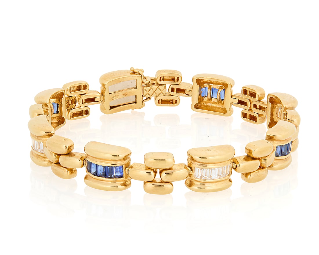 An 18K Gold, Sapphire and Diamond Bracelet, Italy Featuring high polish links set with alternating (1 of 3)