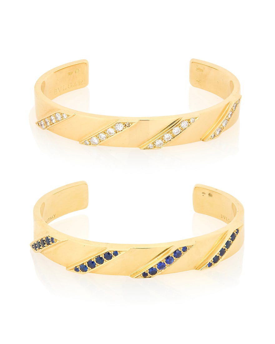 Bulgari: A Pair of 18K Gold, Diamond and Sapphire Cuffs Of a high polish design, one featuring (1 of 9)