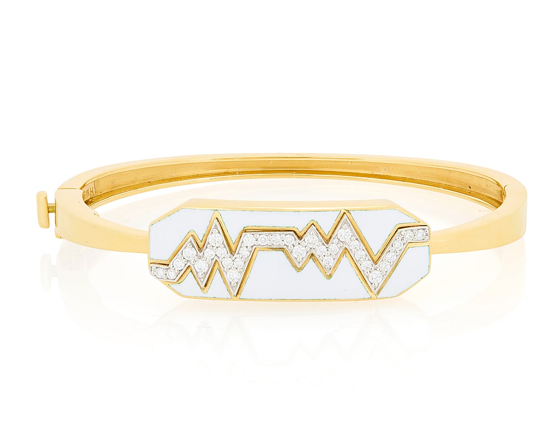 David Webb: An 18K Gold, Platinum, Enamel and Diamond 'Skip' Bracelet Of a high polish design: David Webb: An 18K Gold, Platinum, Enamel and Diamond 'Skip' Bracelet Of a high polish design centering a white enamel panel featuring a heart line skipping a beat, signed David Webb, no. HM582 Measur