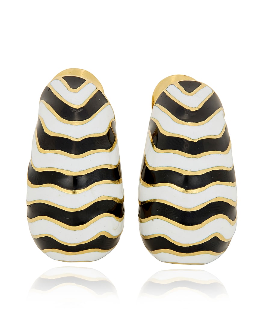 David Webb: A Pair of 18K Gold and Enamel 'Zebra' Earrings Featuring organic alternating black (1 of 4)