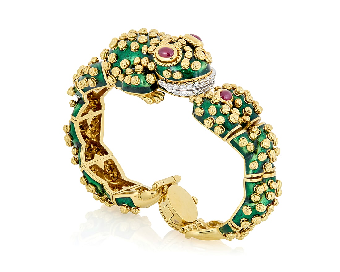 David Webb: An 18K Gold, Enamel and Ruby Frog Bracelet Of a leaping frog design accented by (1 of 6)