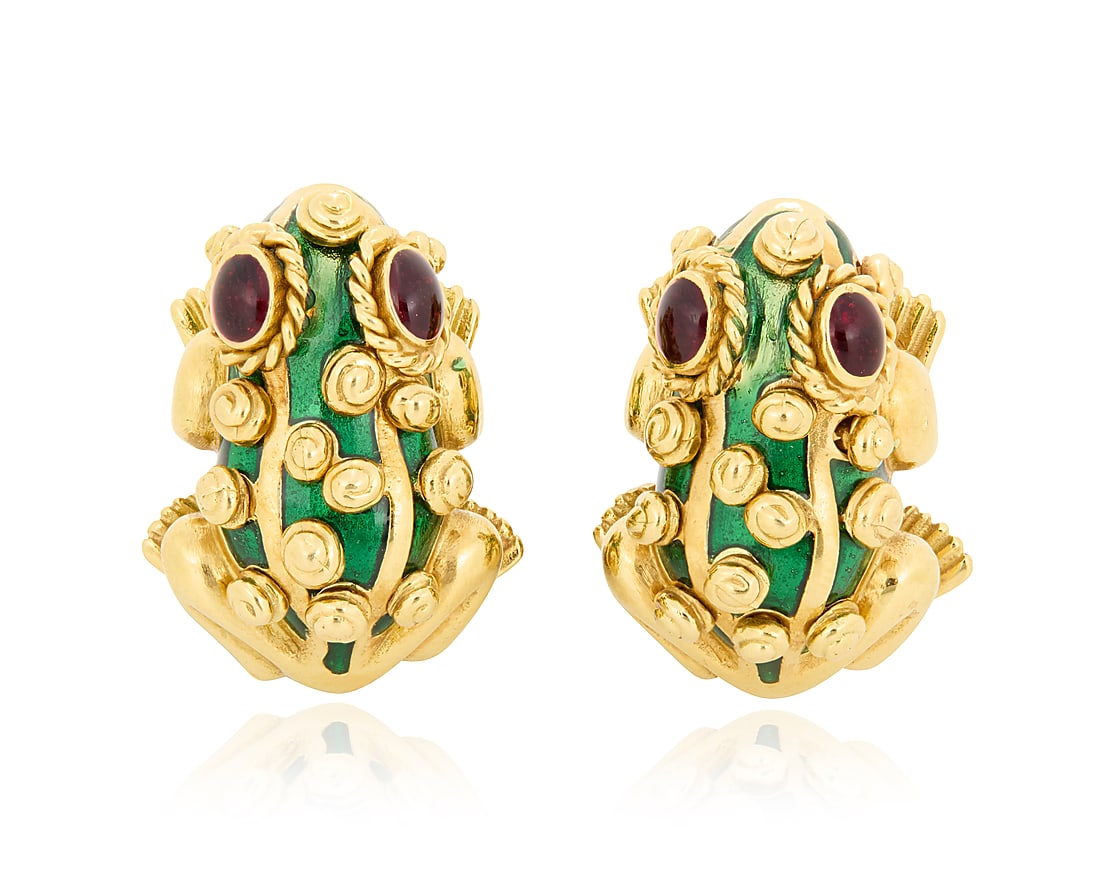 David Webb: A Pair of 18K gold and Enamel Frog Earrings Of a frog design featuring red and green (1 of 4)