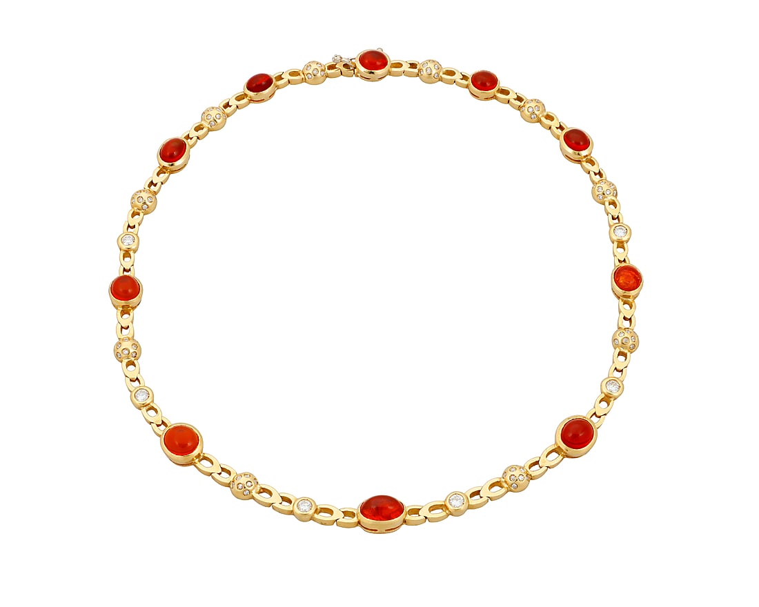 An 18K Gold, Fire Opal and Diamond Necklace Of a high polish fancy link design featuring ten oval: An 18K Gold, Fire Opal and Diamond Necklace Of a high polish fancy link design featuring ten oval fire opal cabochons accented by round diamonds weighing approximately 1.65 carats Length: 16 in. 43.6 